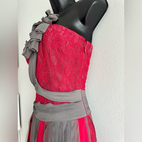 BCBGMAXAZRIA Runway Red Lace & Gray Mesh Ribbon Dress Limited Edition Size 2 NWT - Picture 3 of 10